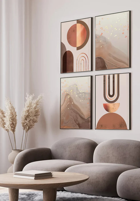 Set Of 4 Posters Caramel Nougat Real Rose Gold + 4 Metallic Black Frames 50x70cm